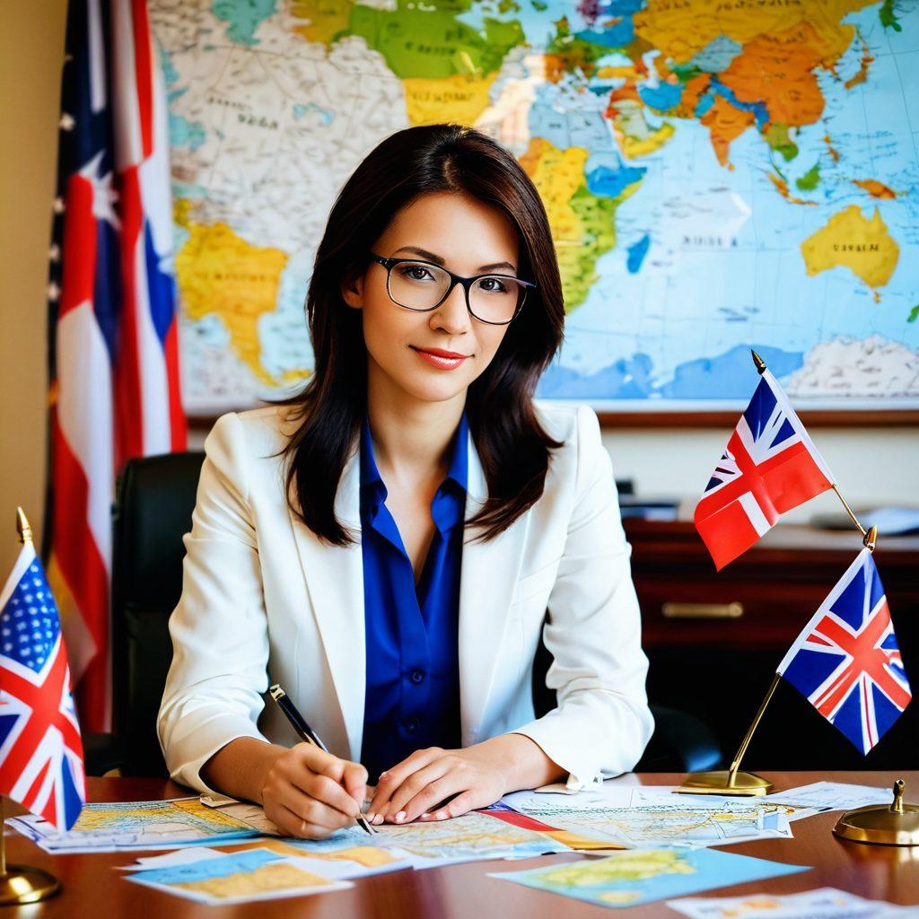 A confident administrative assistant in a chic office setting, surrounded by international flags and maps, while engaged in a flirtatious conversation with a diplomat. The scene captures an aura of intrigue and charm, illuminated by warm light. Include subtle hints of attraction, like exchanged glances and playful gestures, to emphasize the themes of arousal and attraction. soft focus. vibrant colors. elegant atmosphere.